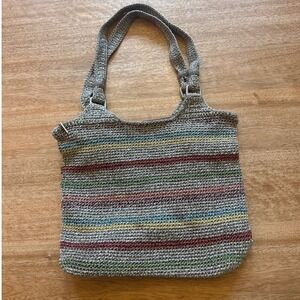The Sak Belle Crochet Hobo Bag Grey Multi Color Striped Knit Shoulder purse